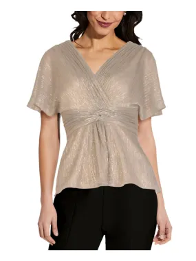 ADRIANNA PAPELL Womens Beige Stretch Metallic Twist Front Kimono Sleeve Surplice Neckline Evening Peplum Top