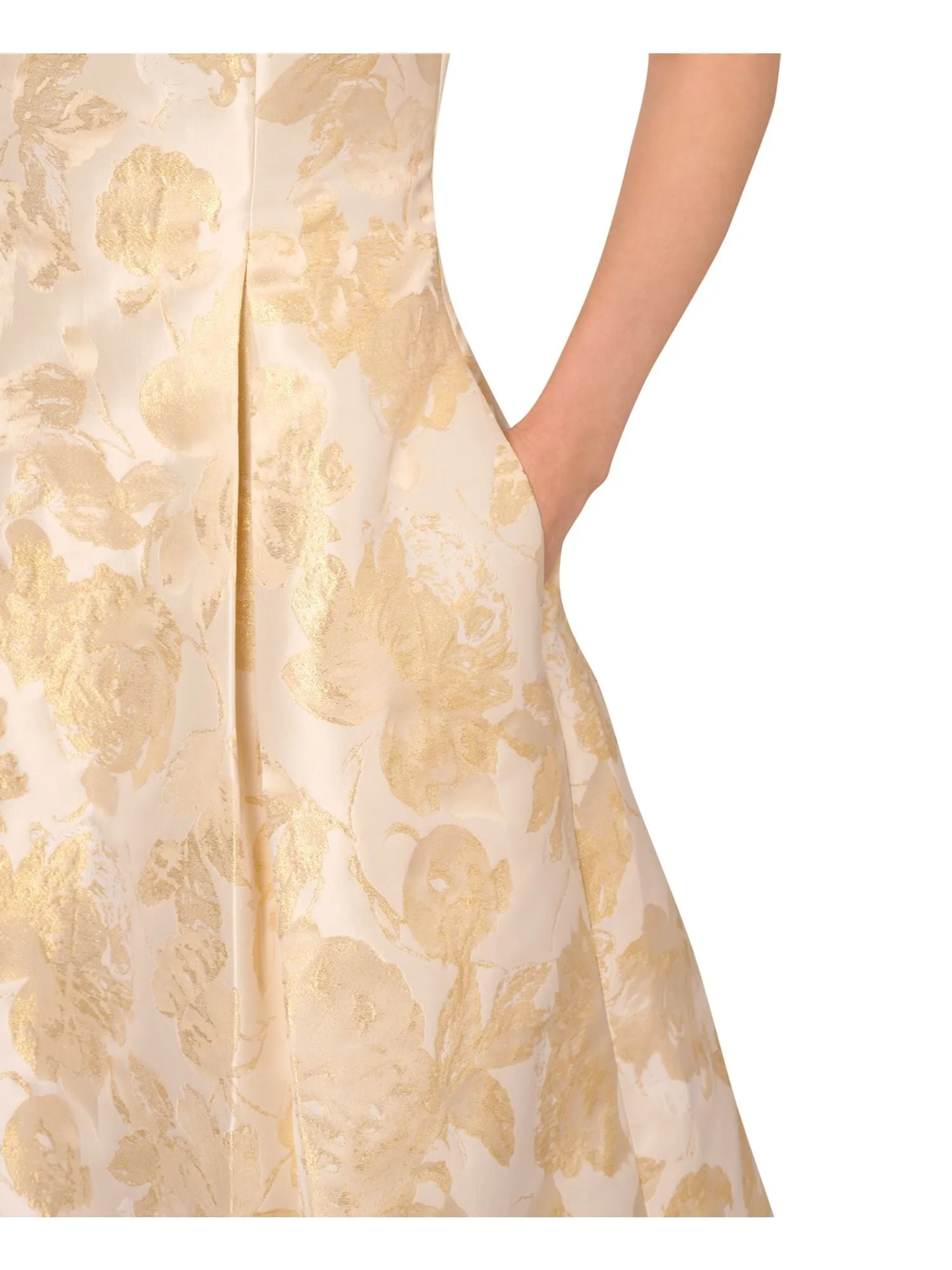 ADRIANNA PAPELL Womens Beige Zippered Pleated Cut Out Back Lined Sleeveless Boat Neck Above The Knee Party Fit   Flare Dress