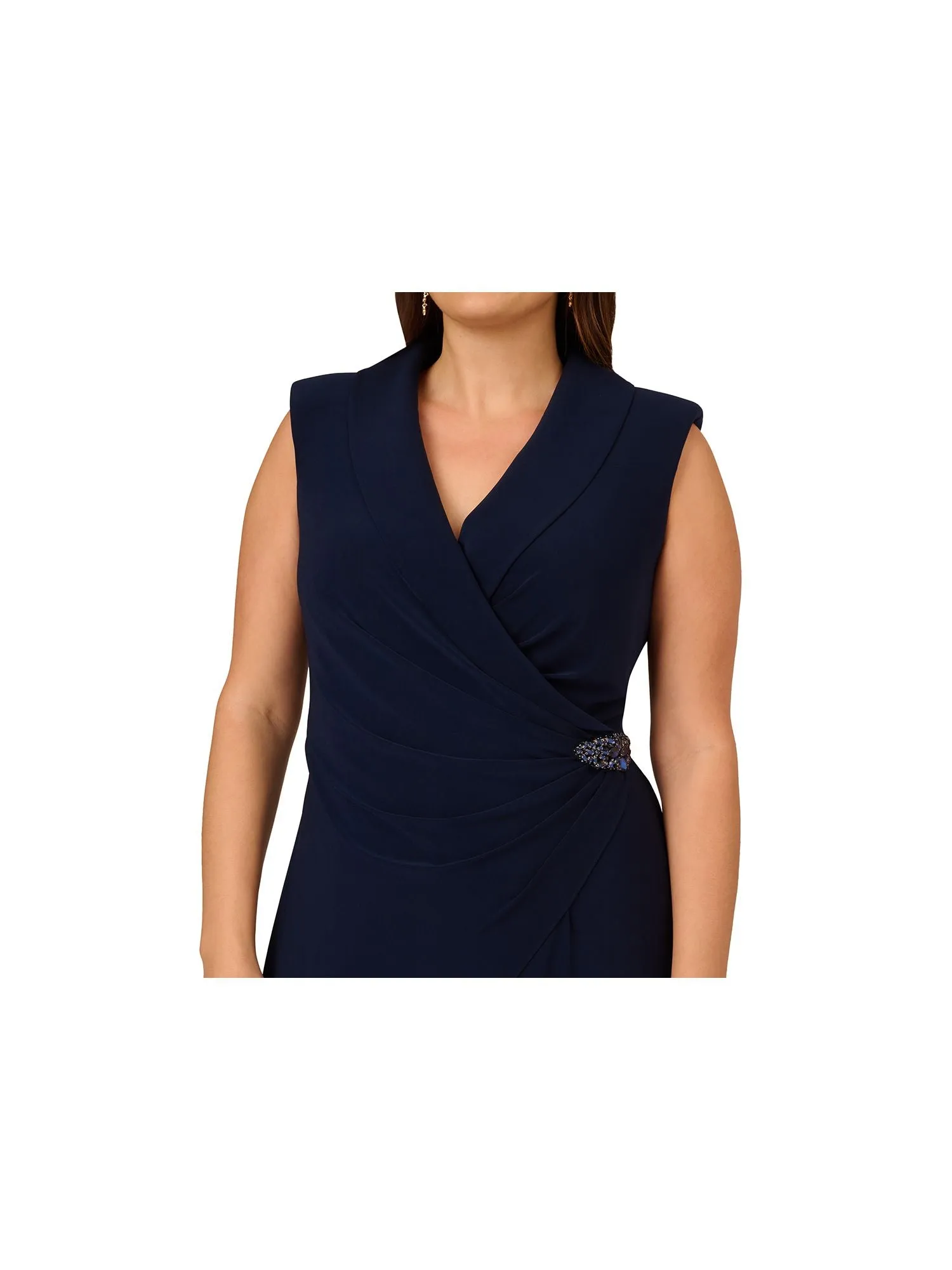 ADRIANNA PAPELL Womens Navy Zippered Pleated Embellished Asymmetric Overlay Sleeveless Surplice Neckline Wide Leg Jumpsuit