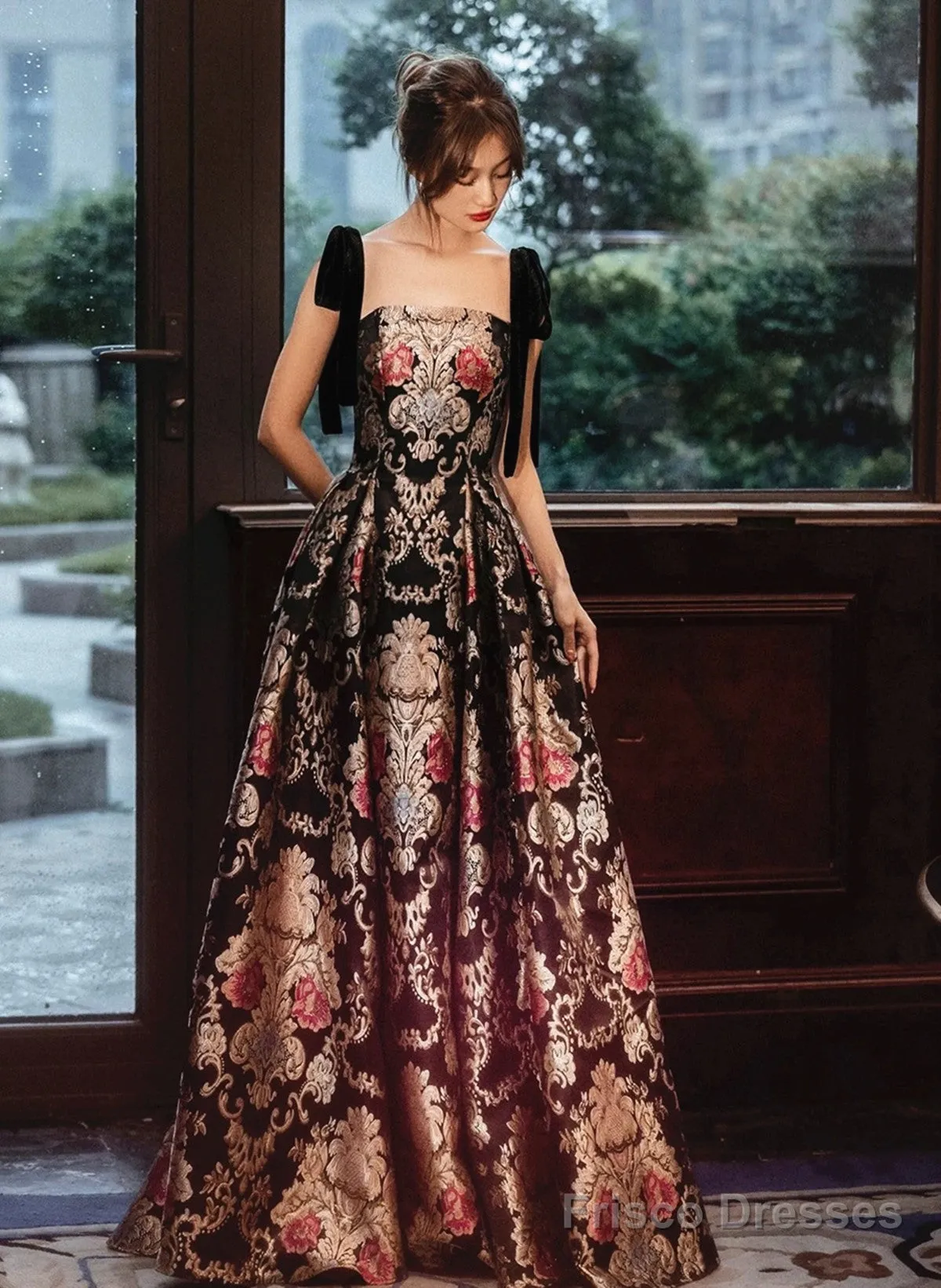 Black A-Line Floral Satin Straps Long Party Dress, Black Satin Prom Dress