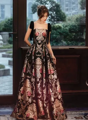 Black A-Line Floral Satin Straps Long Party Dress, Black Satin Prom Dress