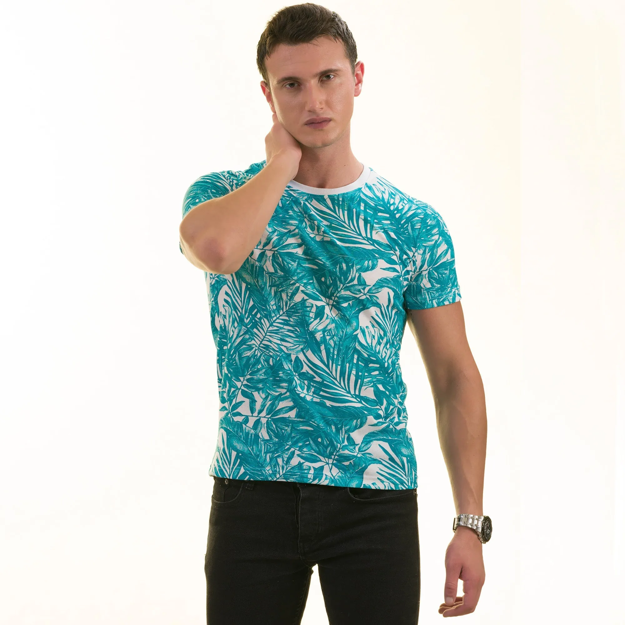 Blue Leaves Printed European Made Premium Quality T-Shirt - Crew Neck
