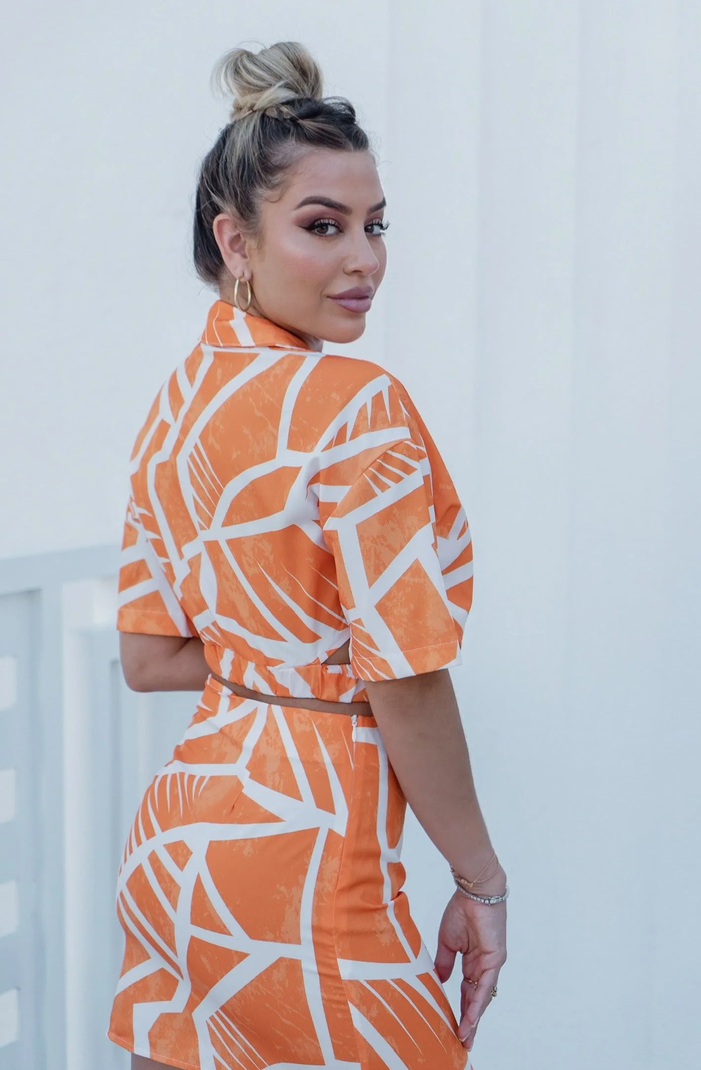 'Charlotte' Collared Button Down Cut Out Top and Mini Skirt Set in Orange Print