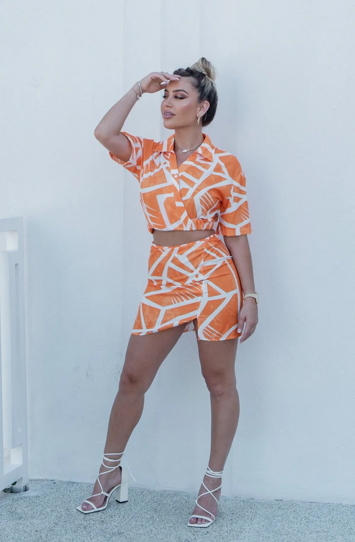 'Charlotte' Collared Button Down Cut Out Top and Mini Skirt Set in Orange Print
