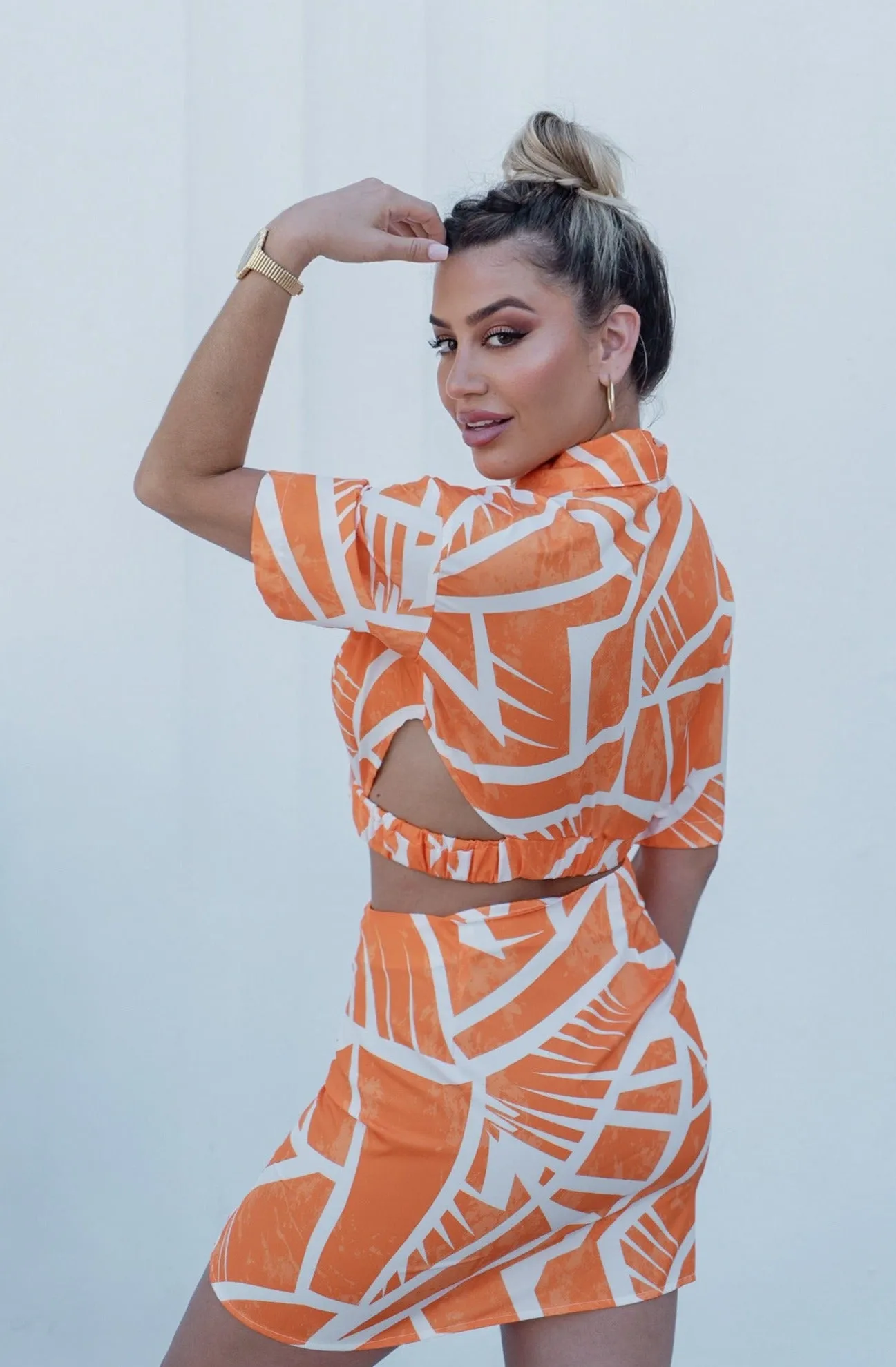'Charlotte' Collared Button Down Cut Out Top and Mini Skirt Set in Orange Print
