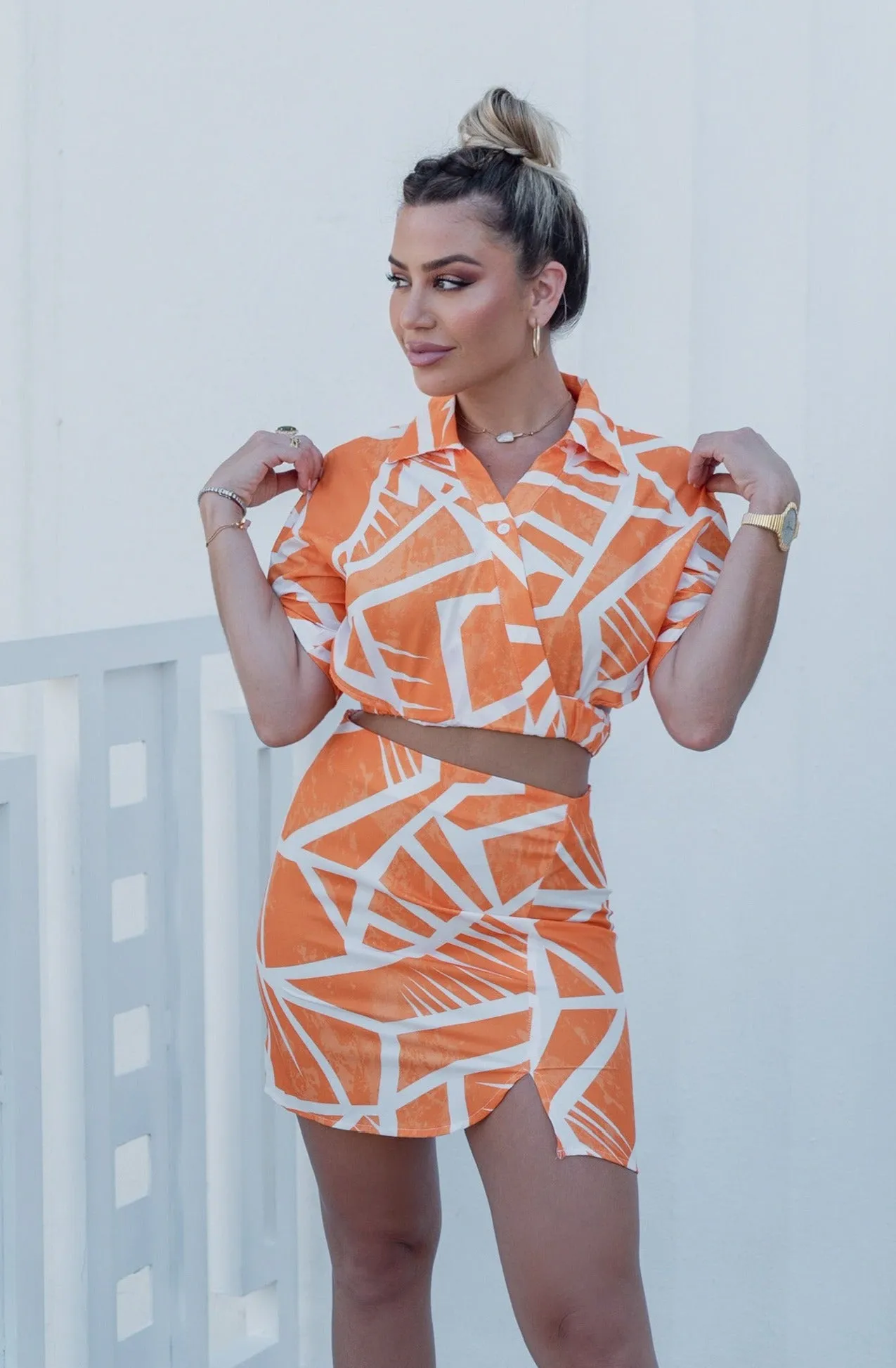 'Charlotte' Collared Button Down Cut Out Top and Mini Skirt Set in Orange Print
