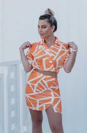 'Charlotte' Collared Button Down Cut Out Top and Mini Skirt Set in Orange Print 'Charlotte' Collared Button Down Cut Out Top and Mini Skirt Set in Orange Print
