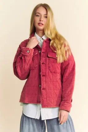 Davi & Dani Brick Mineral Washed Quilted Button Down Shacket with Chest Pockets