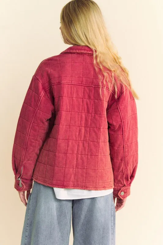 Davi & Dani Brick Mineral Washed Quilted Button Down Shacket with Chest Pockets