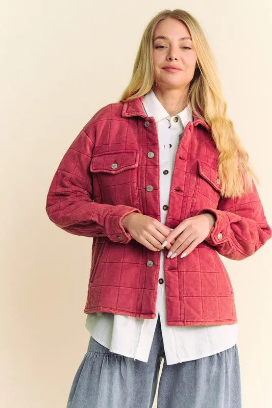 Davi & Dani Brick Mineral Washed Quilted Button Down Shacket with Chest Pockets