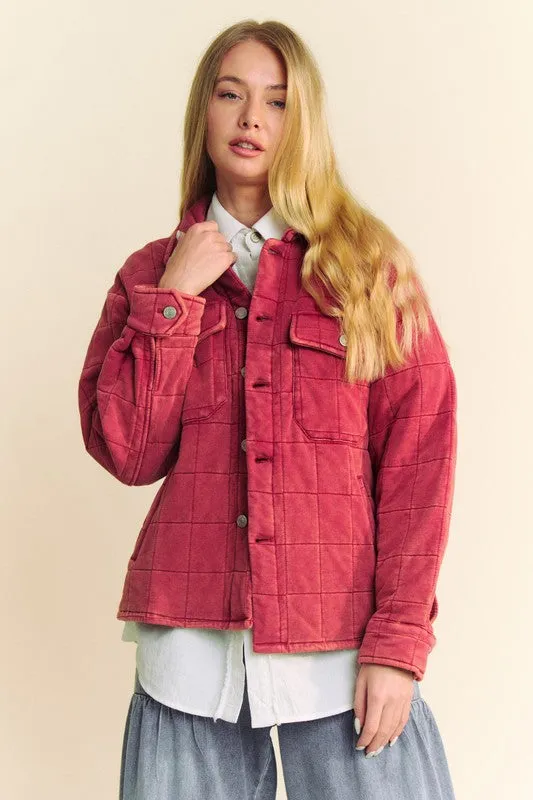 Davi & Dani Brick Mineral Washed Quilted Button Down Shacket with Chest Pockets