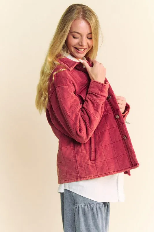Davi & Dani Brick Mineral Washed Quilted Button Down Shacket with Chest Pockets