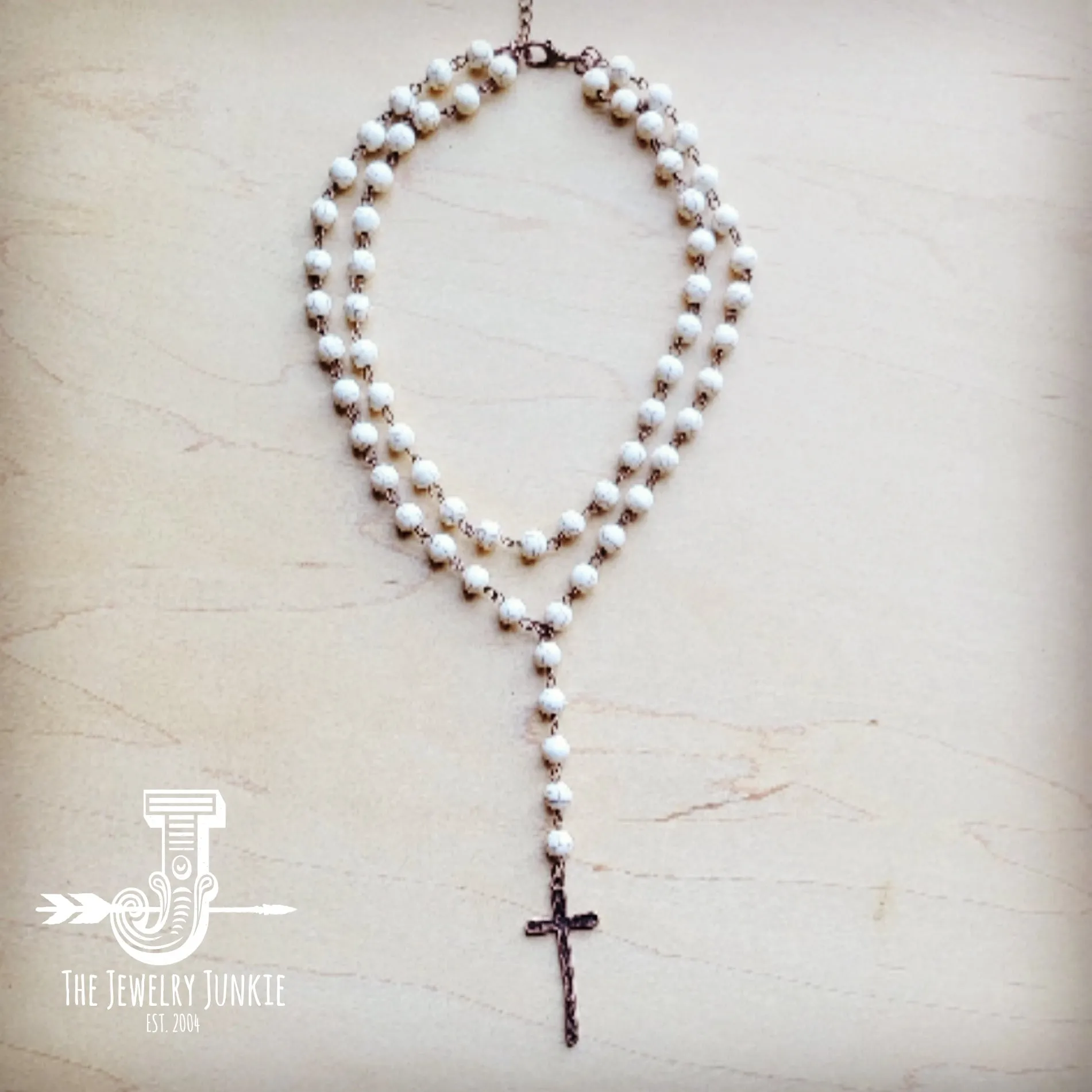 Double Strand Lariat White Turquoise Necklace w/ Cross Pendant 259r