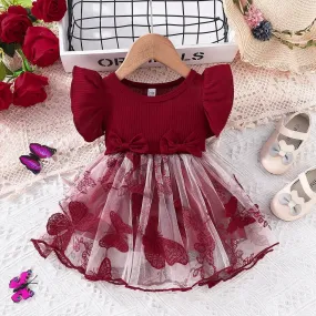 Dress For Kids 3Months -3Years old Cute Butterfly Embroidery Mesh Ruffle Trim Bow Front Princess Formal Dresses