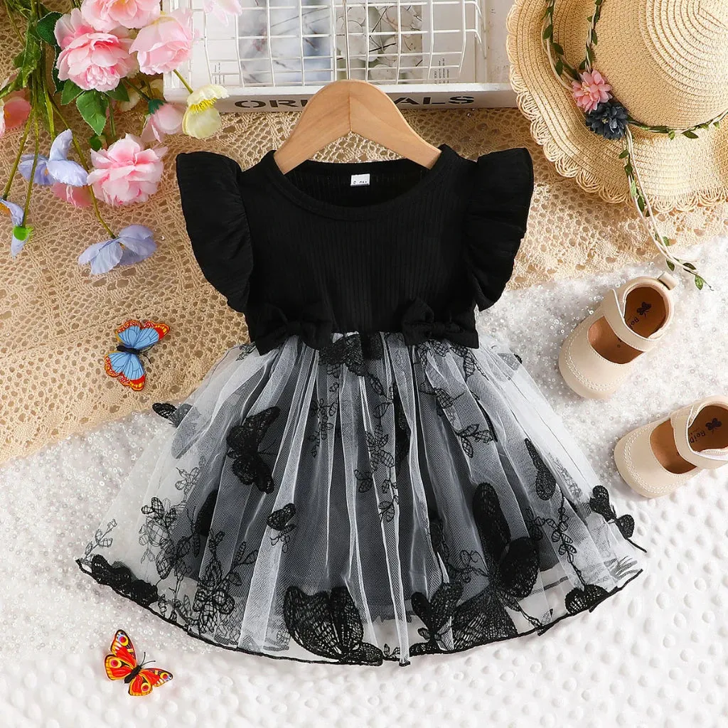 Dress For Kids 3Months -3Years old Cute Butterfly Embroidery Mesh Ruffle Trim Bow Front Princess Formal Dresses