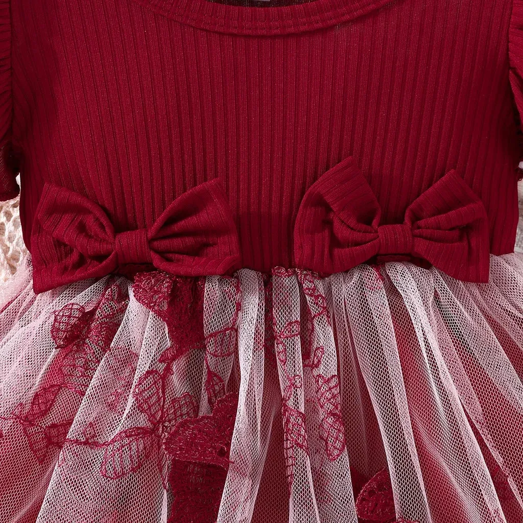 Dress For Kids 3Months -3Years old Cute Butterfly Embroidery Mesh Ruffle Trim Bow Front Princess Formal Dresses