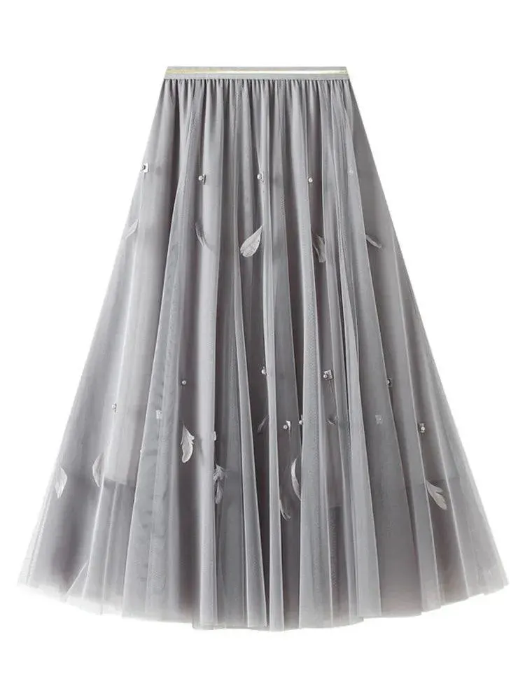 Elegant Feather Splicing A-Line Skirt