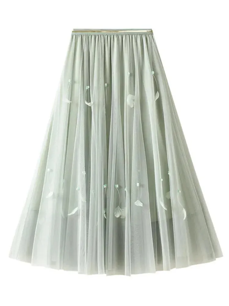 Elegant Feather Splicing A-Line Skirt