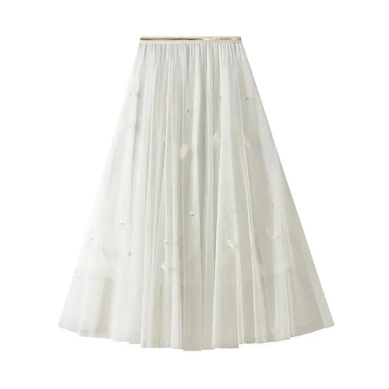 Elegant Feather Splicing A-Line Skirt