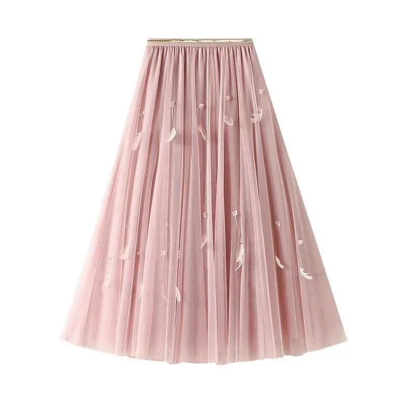 Elegant Feather Splicing A-Line Skirt