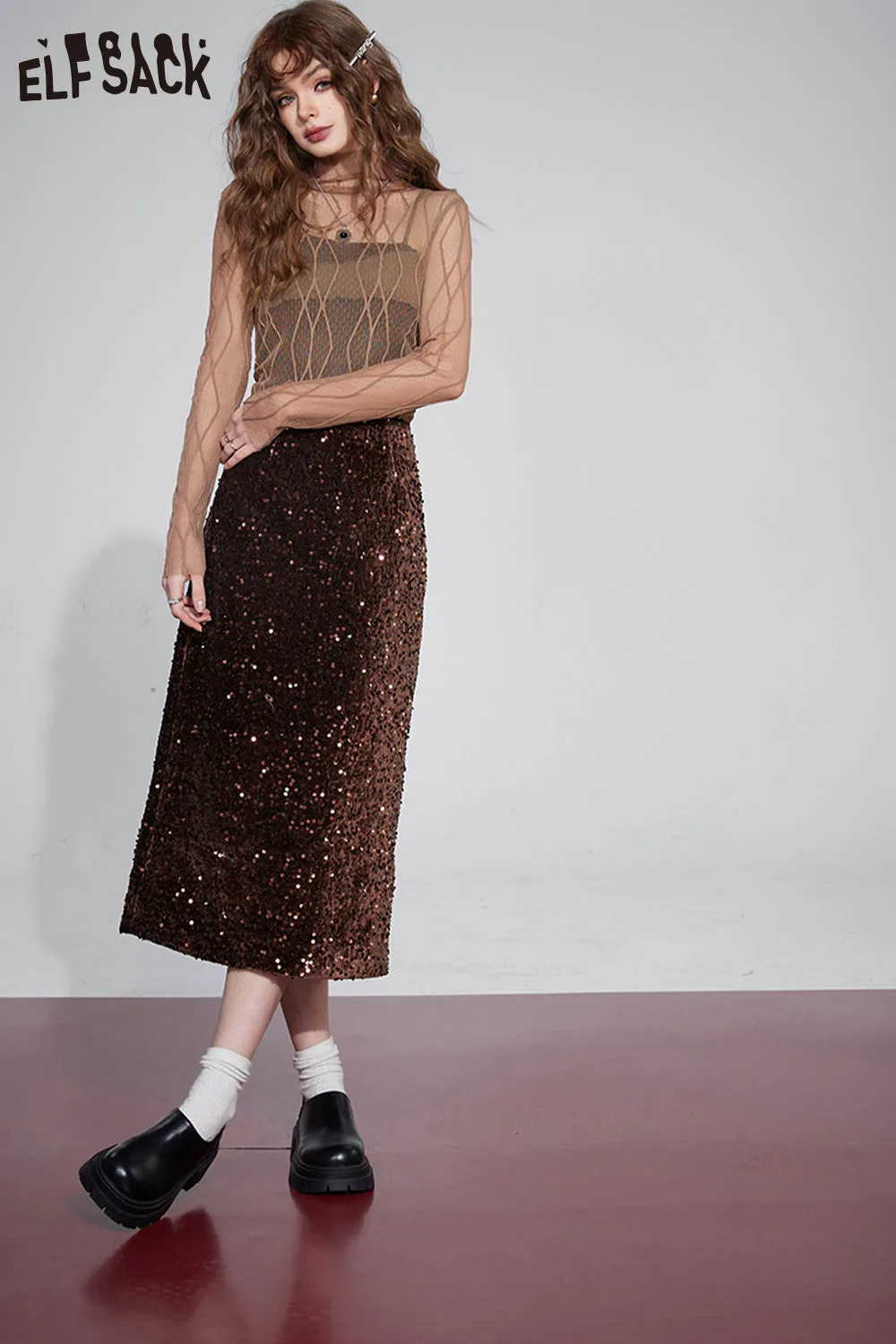ELFSACK Korean Fashion Party Dress For Women 2023 Winter New Sparkly Elegant Luxury Bottom