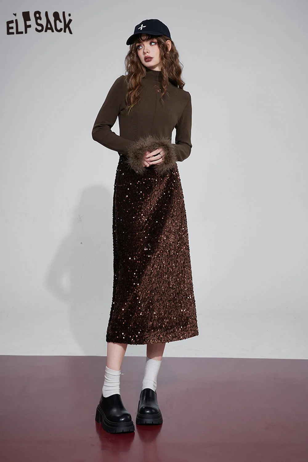 ELFSACK Korean Fashion Party Dress For Women 2023 Winter New Sparkly Elegant Luxury Bottom