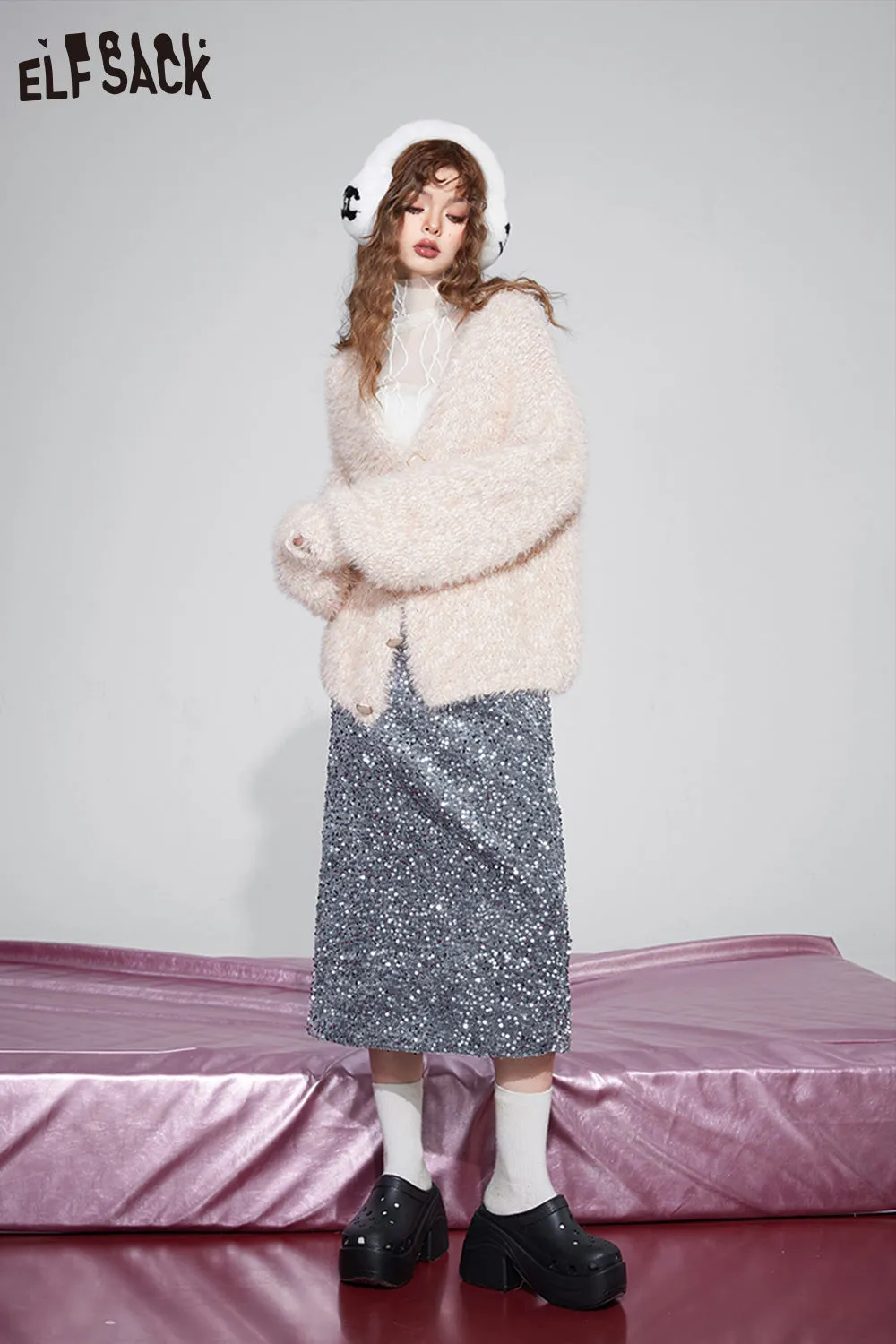 ELFSACK Korean Fashion Party Dress For Women 2023 Winter New Sparkly Elegant Luxury Bottom