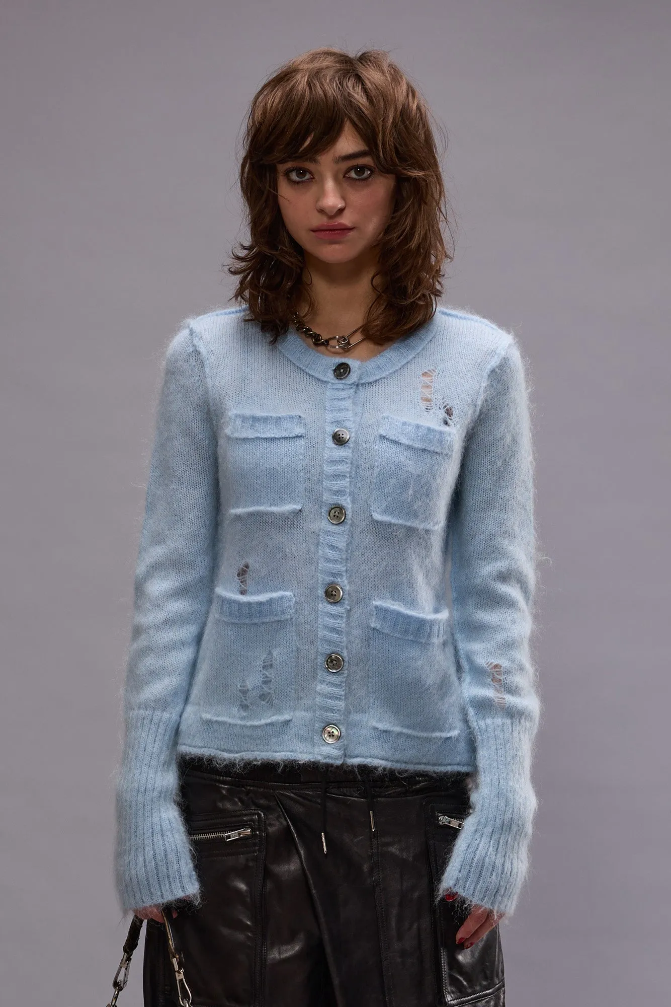 ELONGATED SHRUNKEN CREWNECK CARDIGAN - LIGHT BLUE