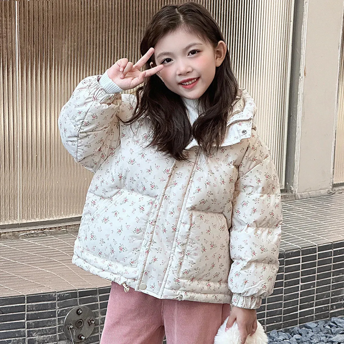 Girls' Floral Warm Windproof Cotton Hooded Princess Jackets