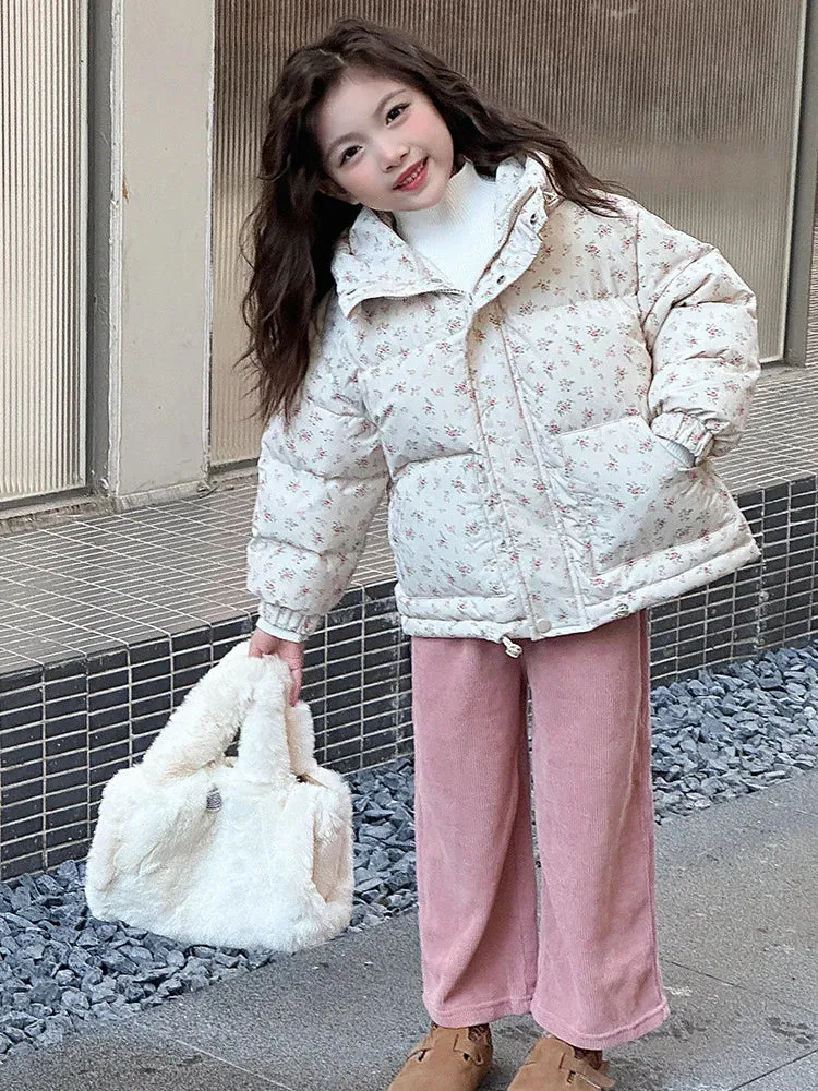 Girls' Floral Warm Windproof Cotton Hooded Princess Jackets