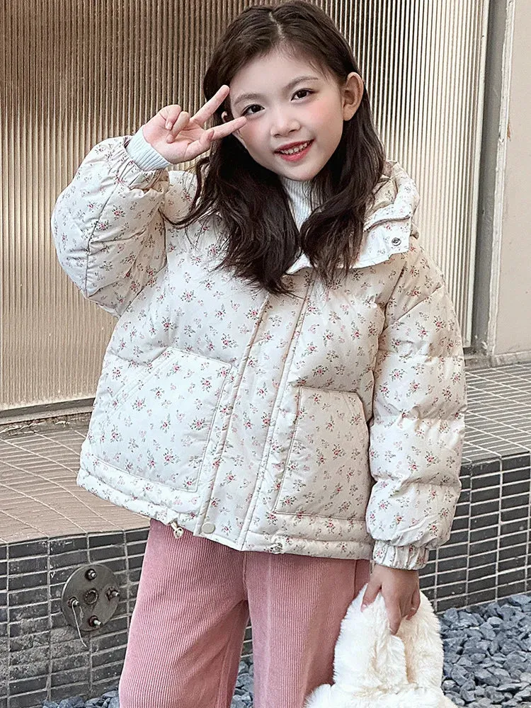 Girls' Floral Warm Windproof Cotton Hooded Princess Jackets