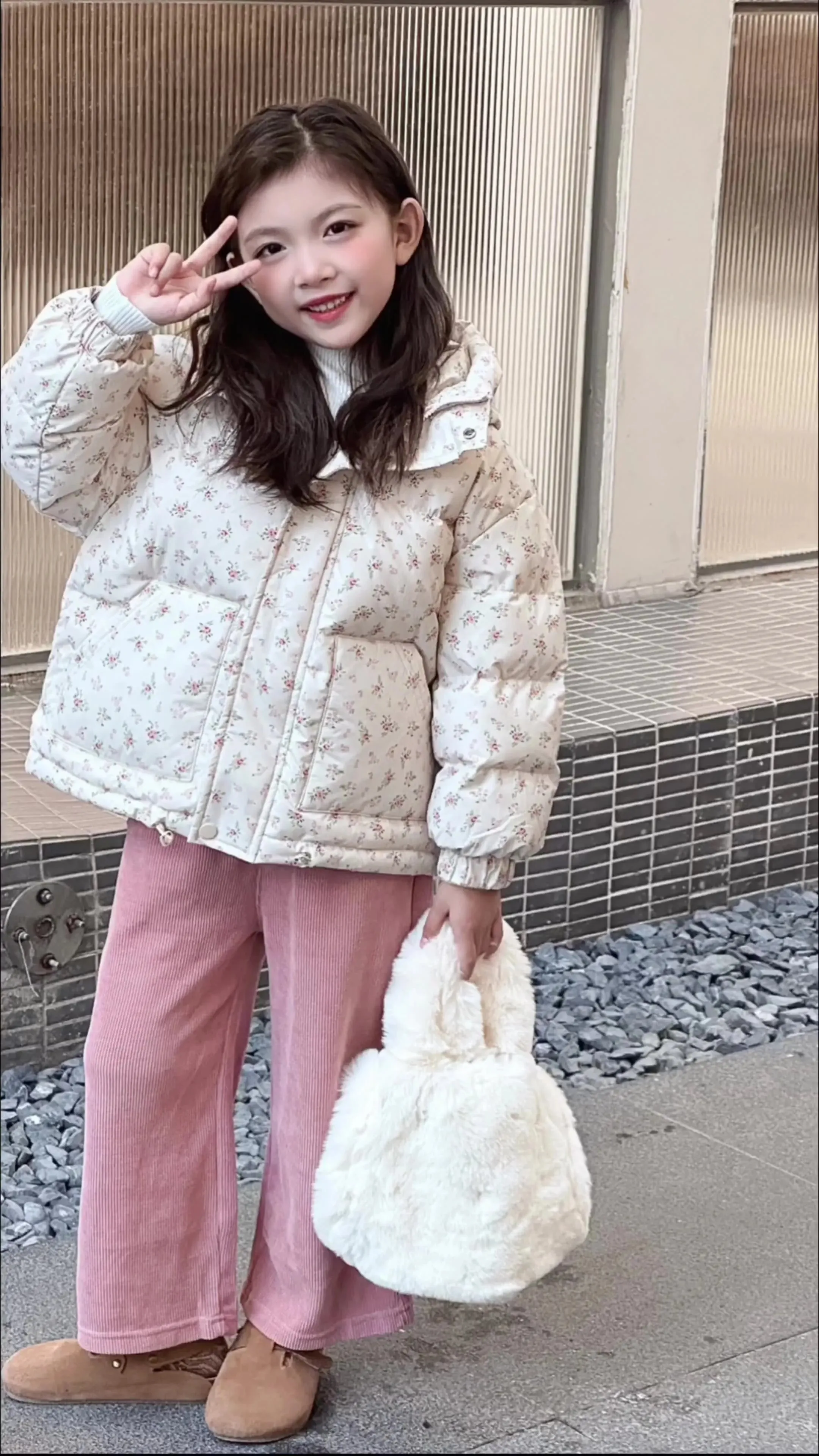 Girls' Floral Warm Windproof Cotton Hooded Princess Jackets