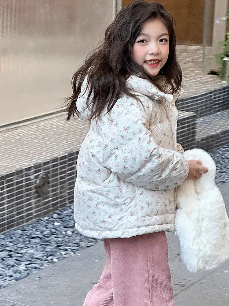 Girls' Floral Warm Windproof Cotton Hooded Princess Jackets
