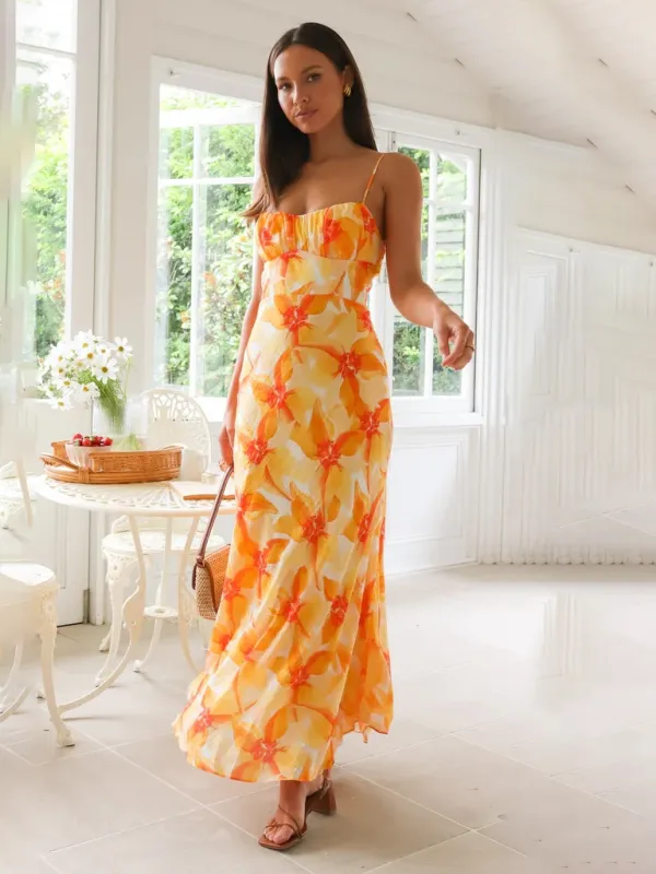 Hannah Fresh and Sweet Summer Floral Print Backless Midi Casual Dress