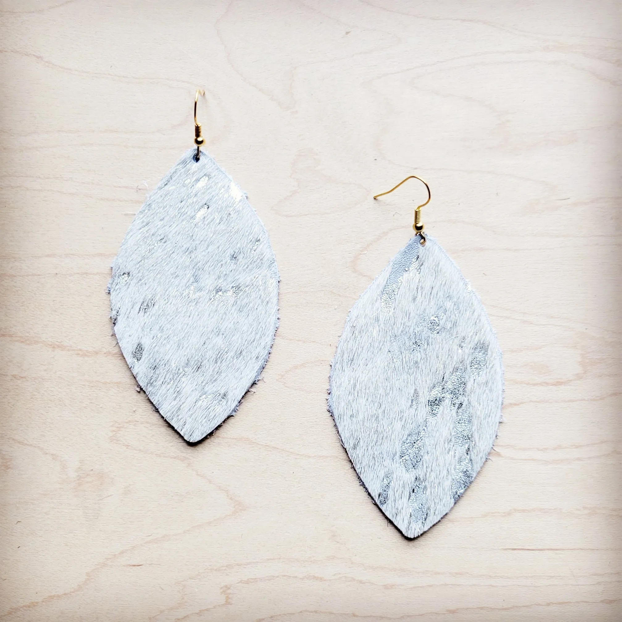 Leather Oval Earring-Silver Metallic Hair on Hide 225h