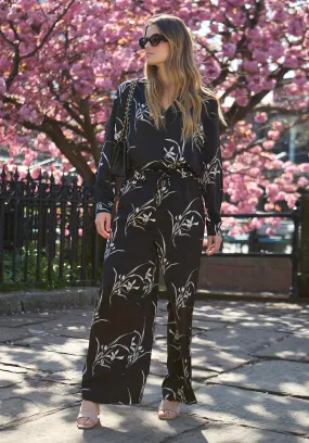 Lillibet Wide Leg Large Floral Print Trouser In Black