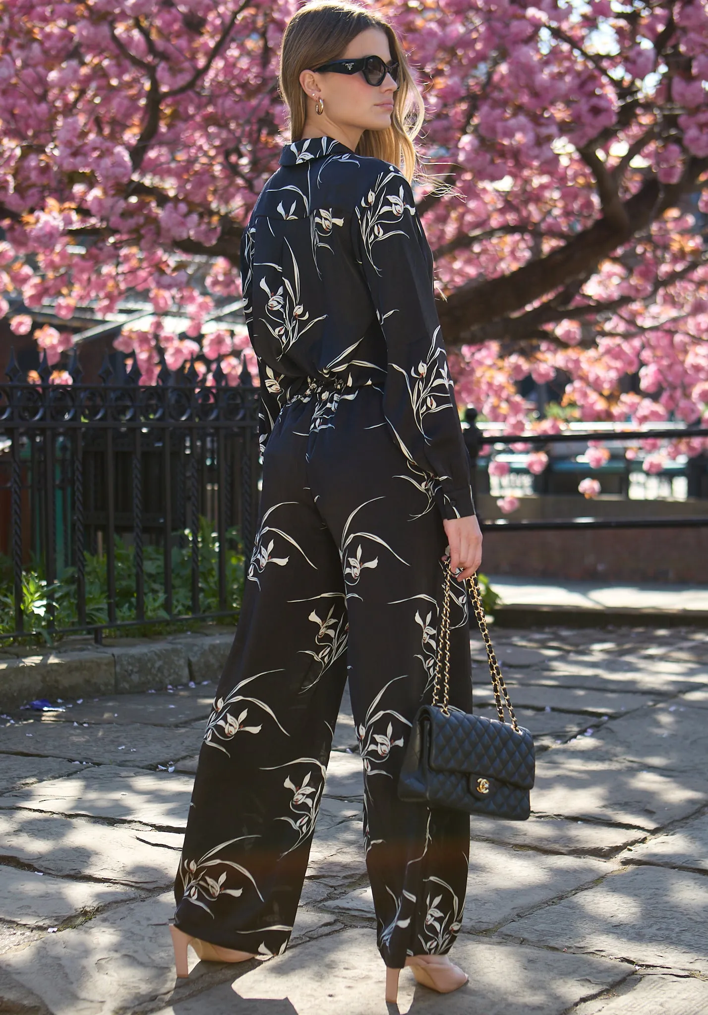 Lillibet Wide Leg Large Floral Print Trouser In Black