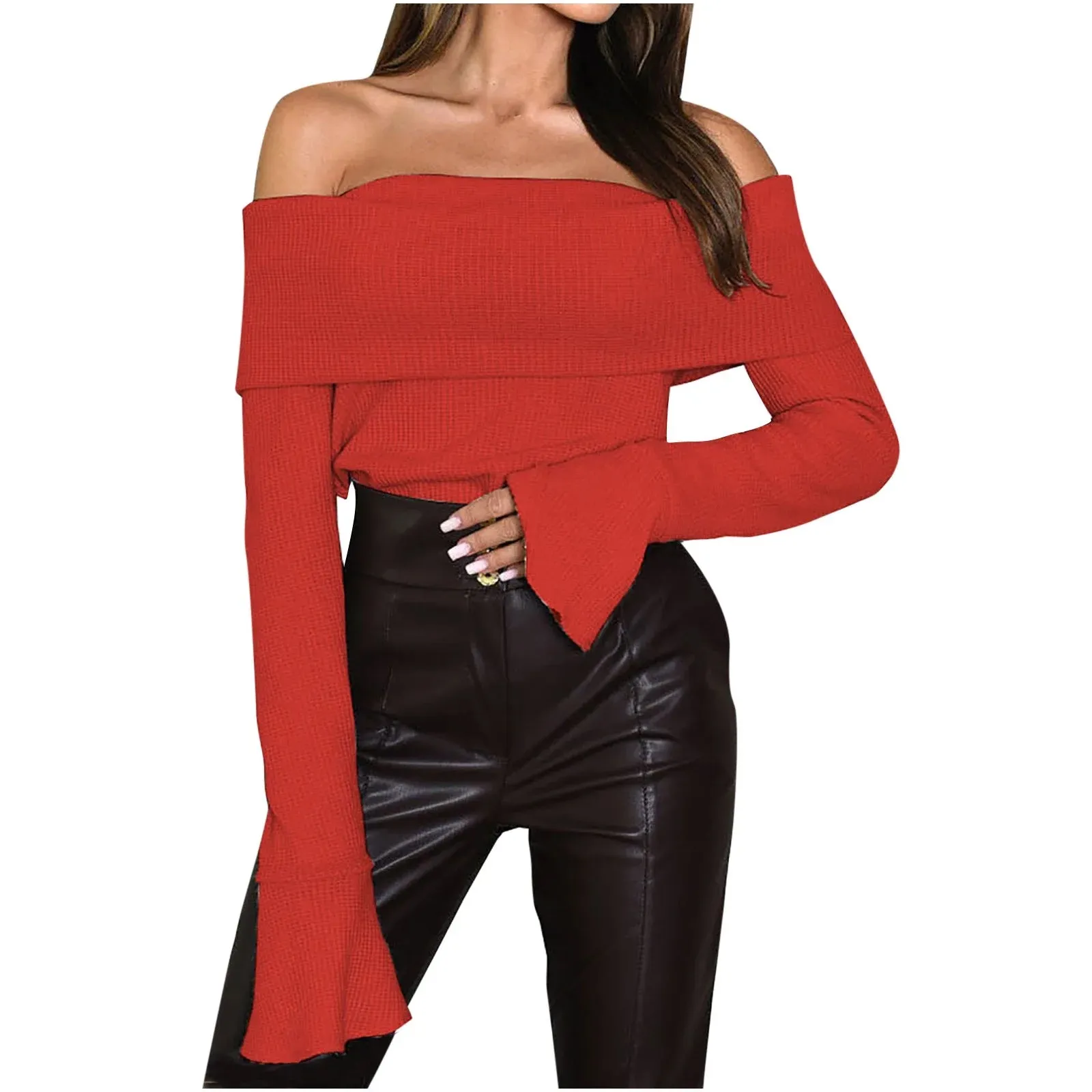 NEW Micas Sweaters for Women Trendy Sexy Spicy Girl Off Shoulder Long Sleeve Knit Sweater Red Sz M