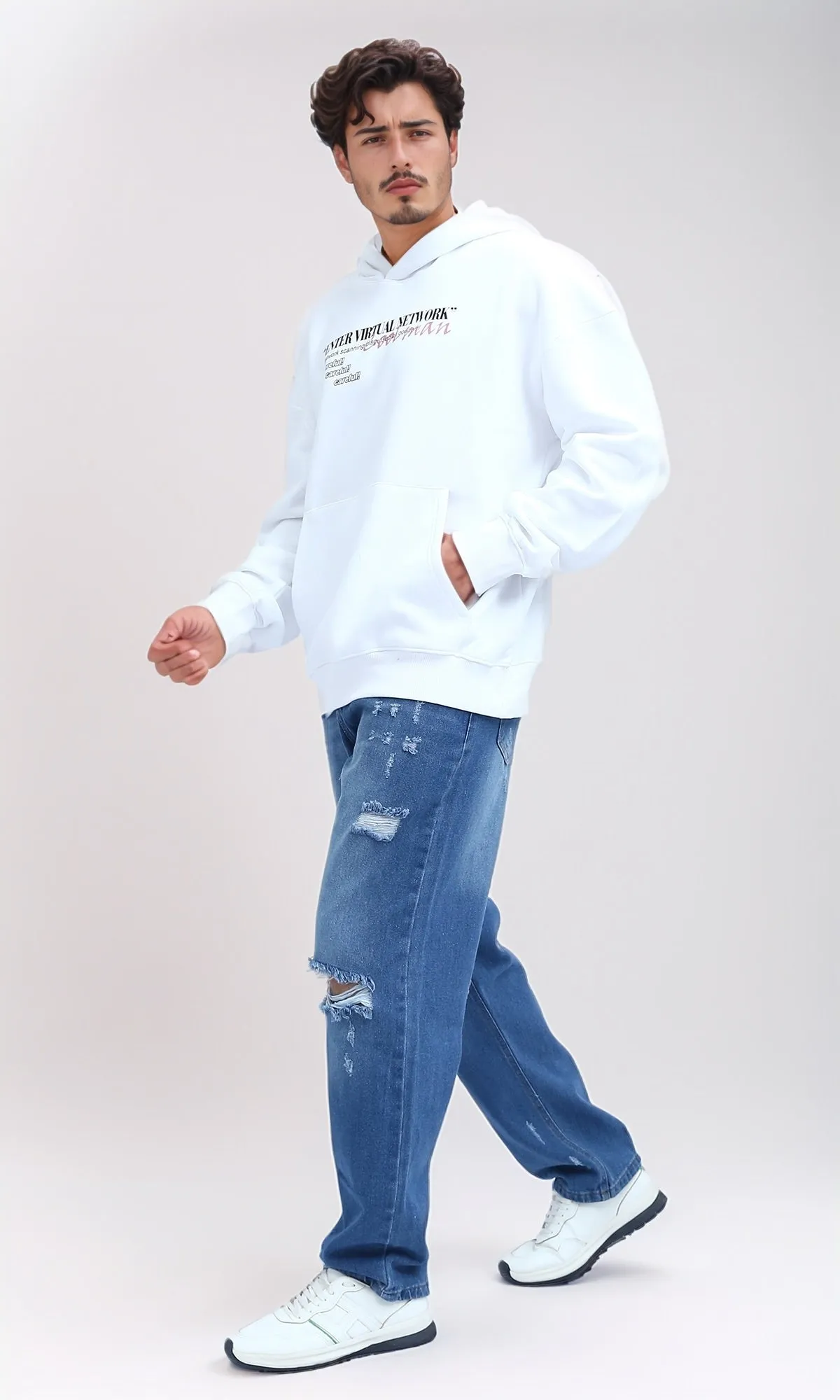 O202204 - Front & Back Print Hooded Neck Hoodie - White