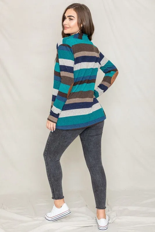 Stripe Elbow Patch Cardigan-Plus