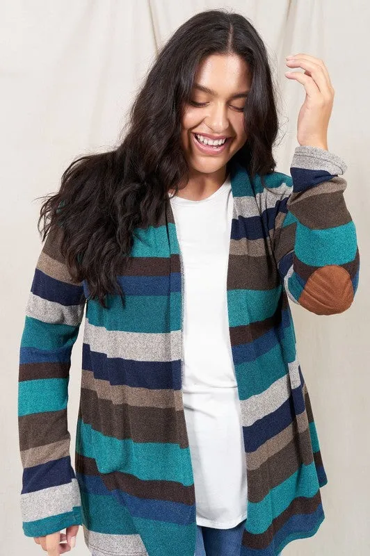 Stripe Elbow Patch Cardigan-Plus