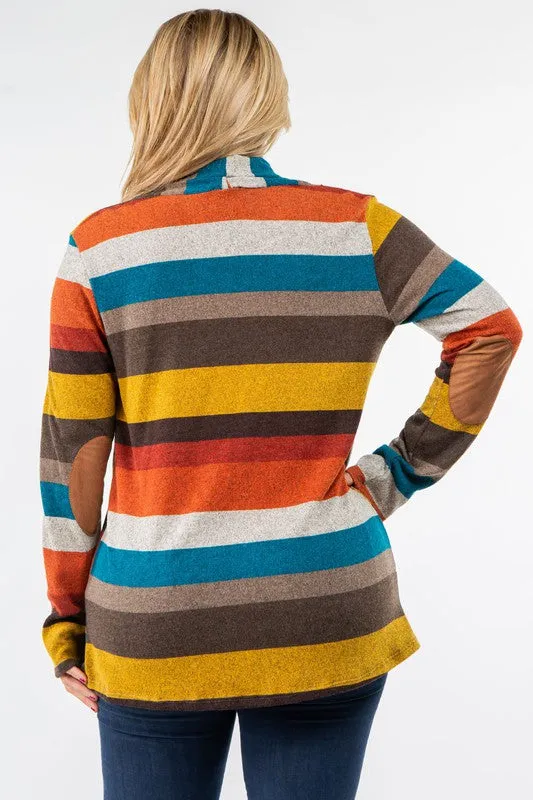 Stripe Elbow Patch Cardigan-Plus