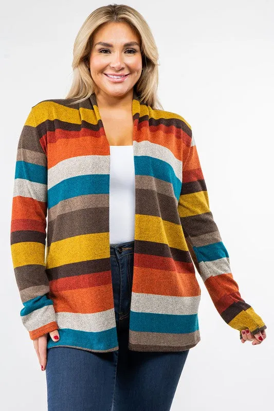 Stripe Elbow Patch Cardigan-Plus