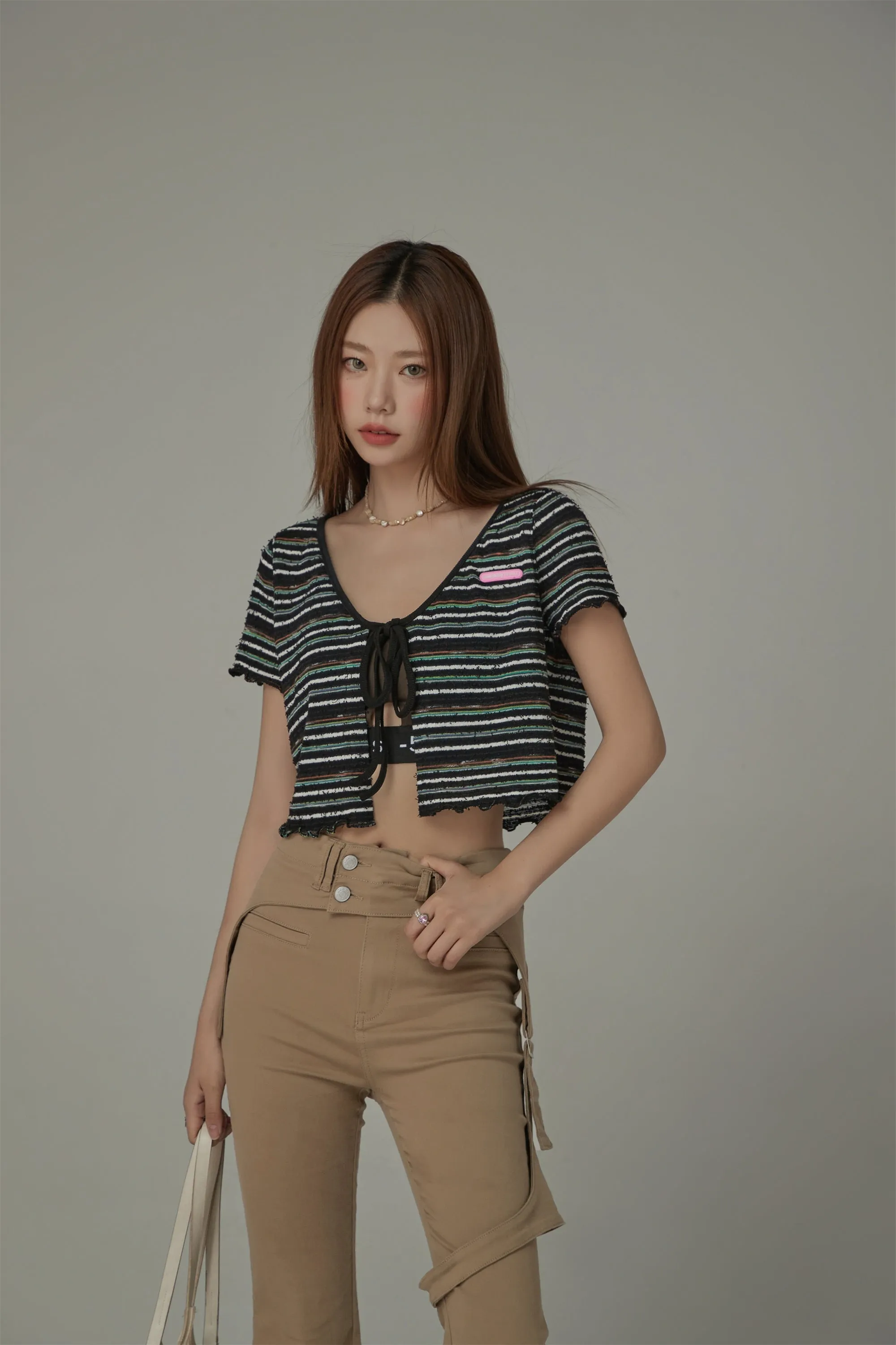 Striped Ribbon Sort Sleeve Cardigan