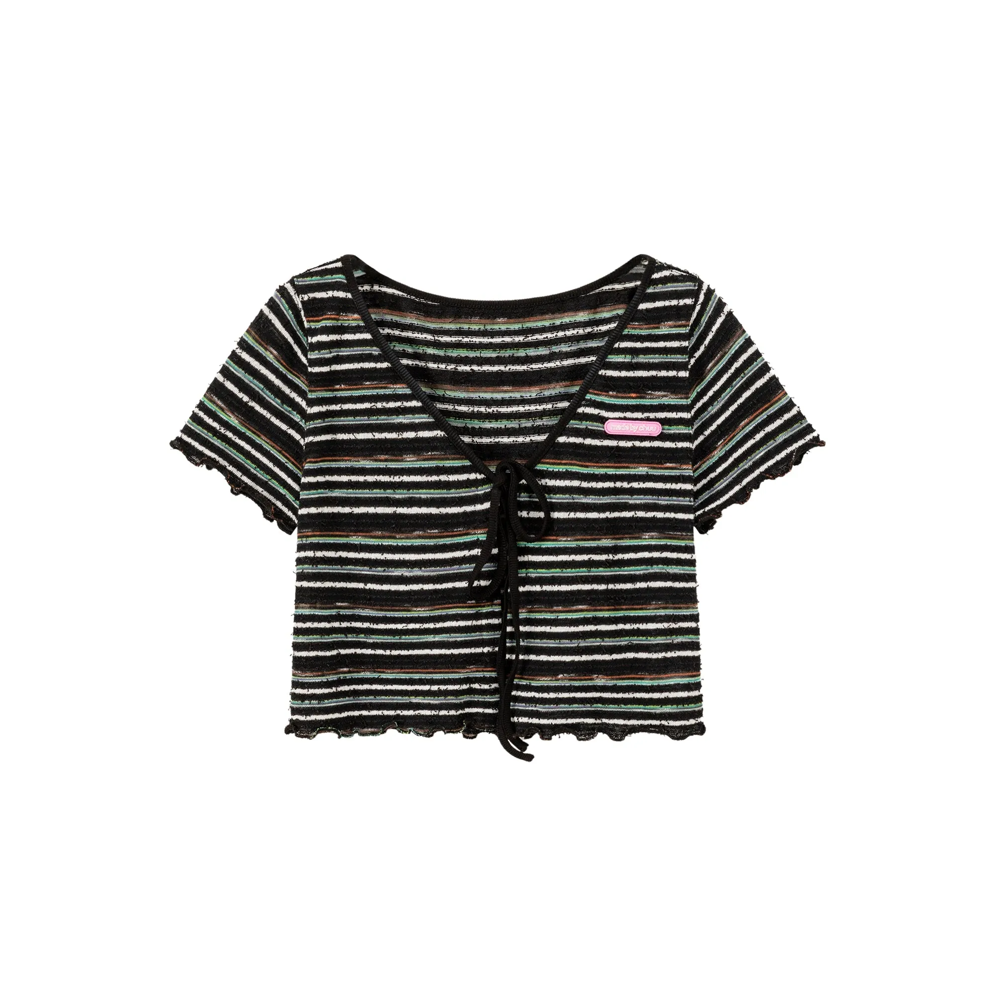 Striped Ribbon Sort Sleeve Cardigan