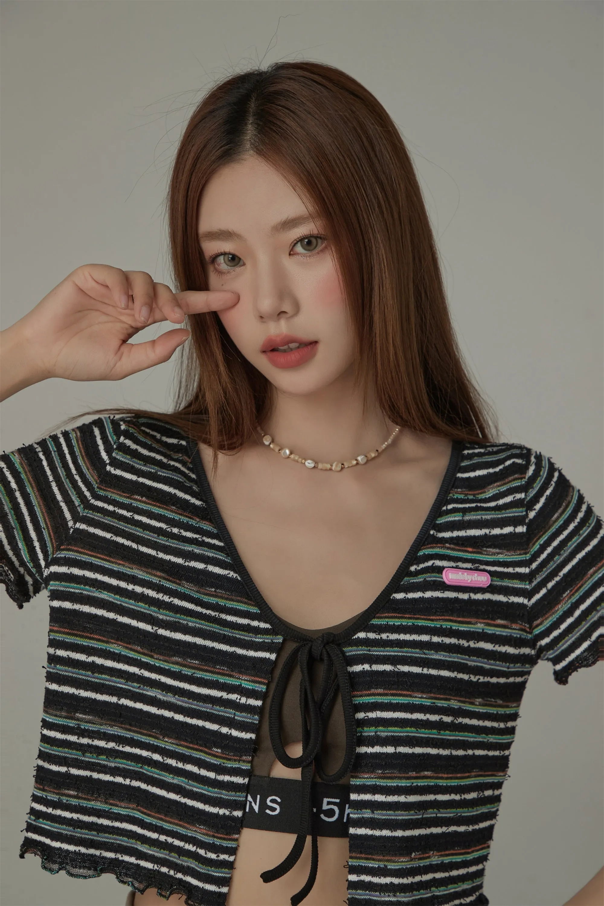 Striped Ribbon Sort Sleeve Cardigan