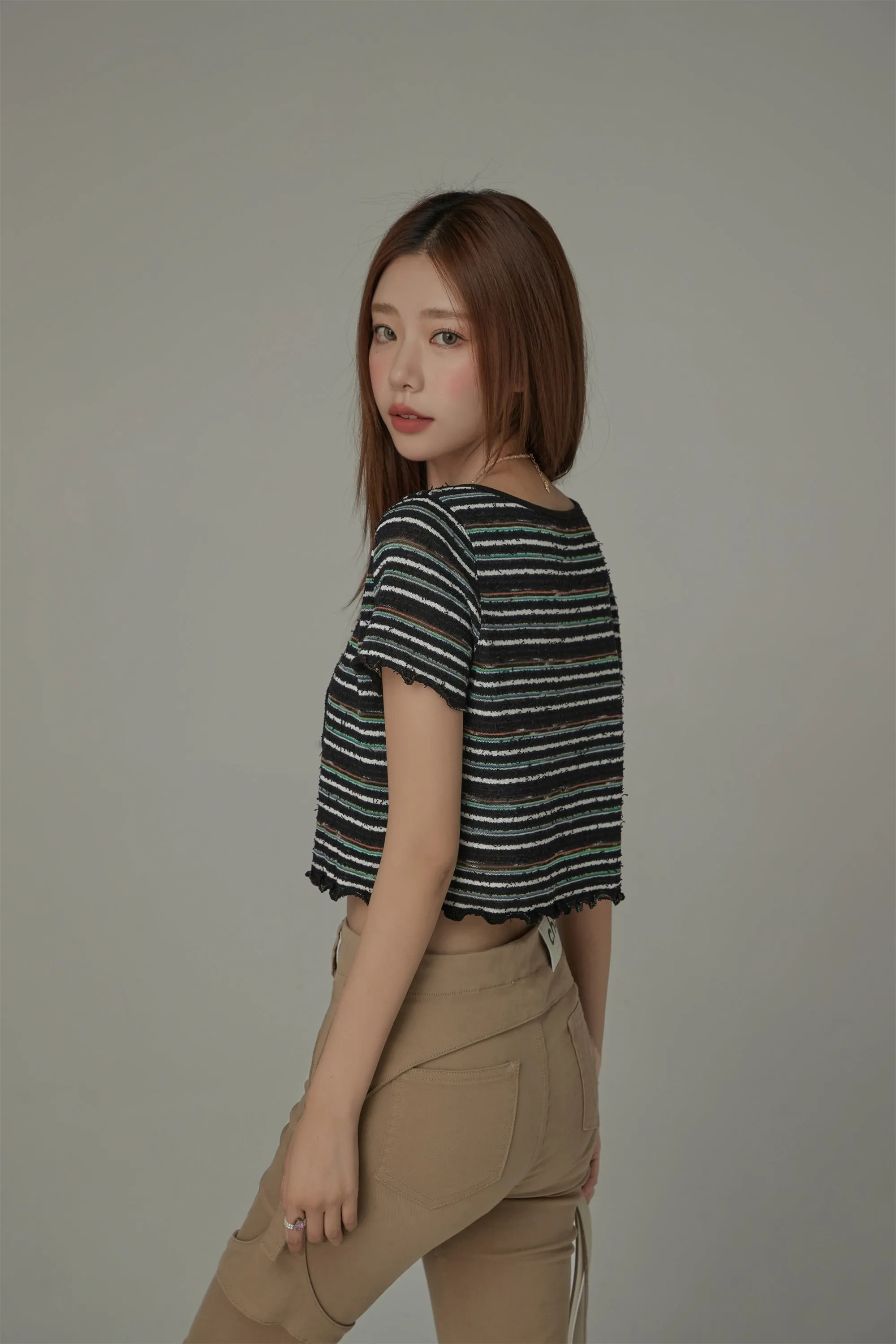 Striped Ribbon Sort Sleeve Cardigan