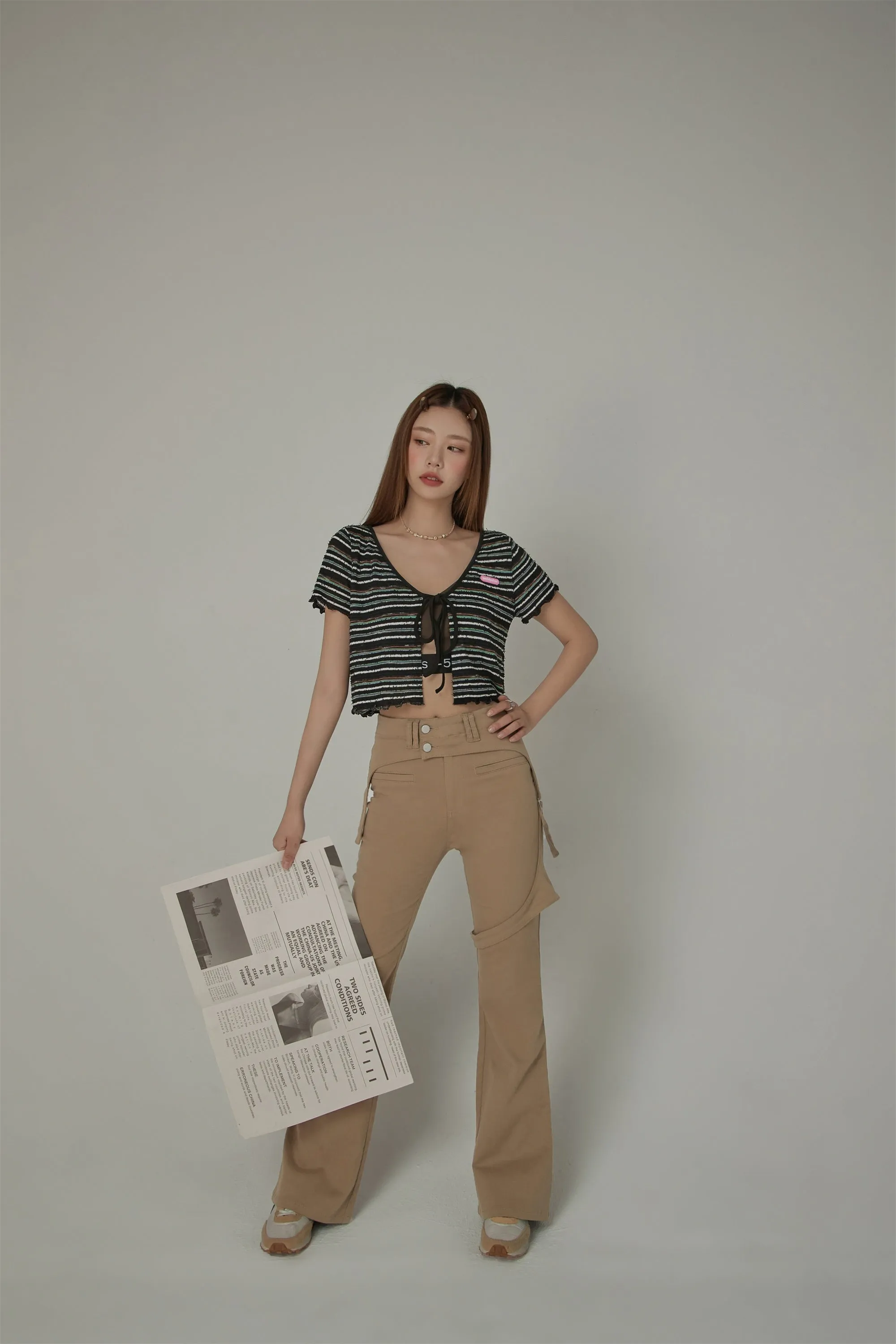 Striped Ribbon Sort Sleeve Cardigan