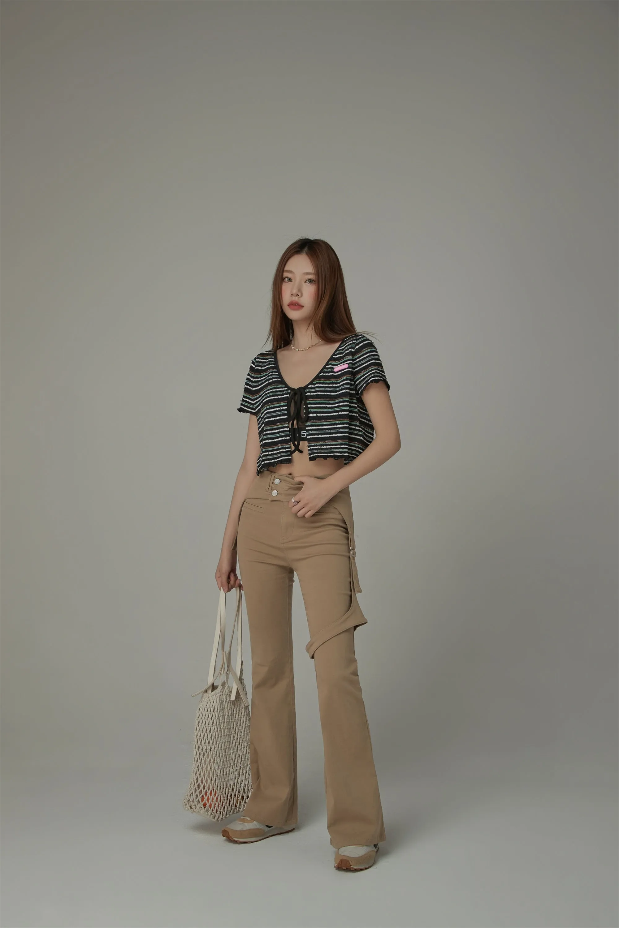 Striped Ribbon Sort Sleeve Cardigan