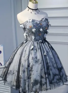 Unique Grey Floral Sweetheart Short Party Dress, Homecoming Dress